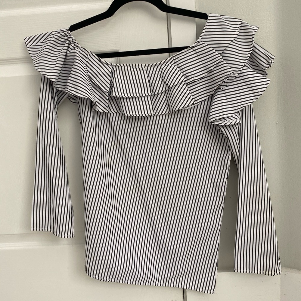 Stripped Ruffles Off The Shoulder Blouse